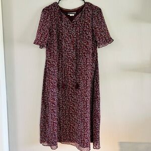 Boden Iona Midi Dress. Disty Floral Maroon with sheer sleeves. Woman size 6R